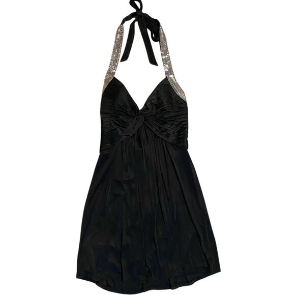 Y2K BCBGMAXAZRIA Halter Mini Dress XS Black Silver Chainmail Cocktail Party LBD - Picture 3 of 11